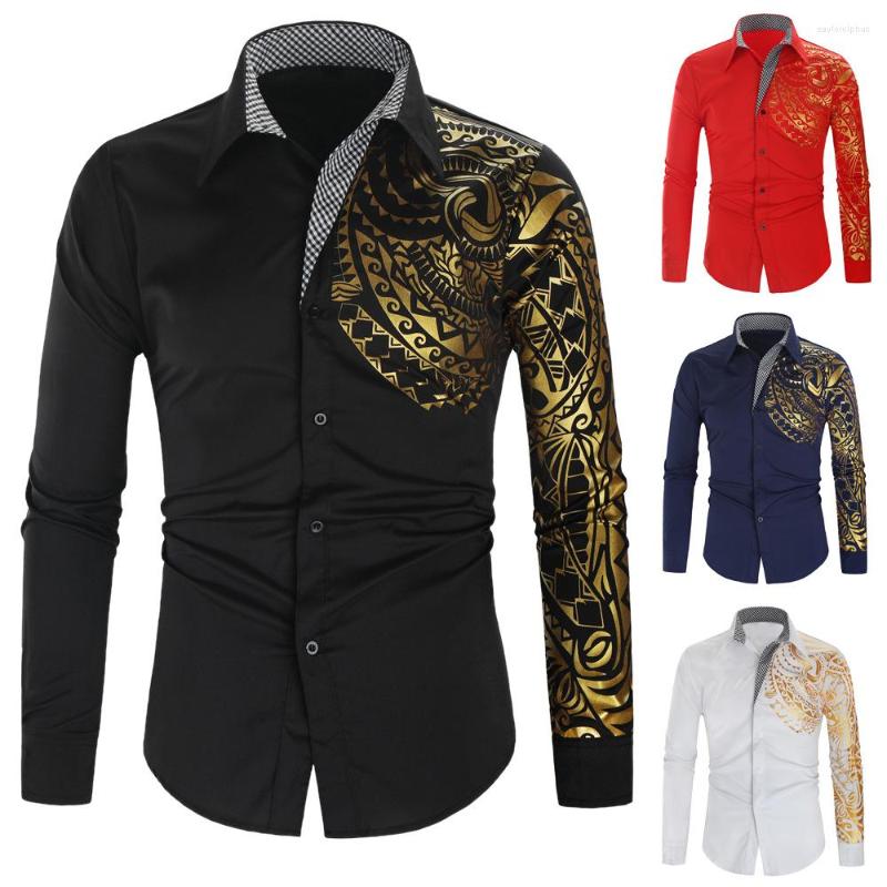 

Men's Dress Shirts Men Party Suit 6 Colors Big Size Sleeve Golden Print Business Black Prom Social Shirt Luxury
