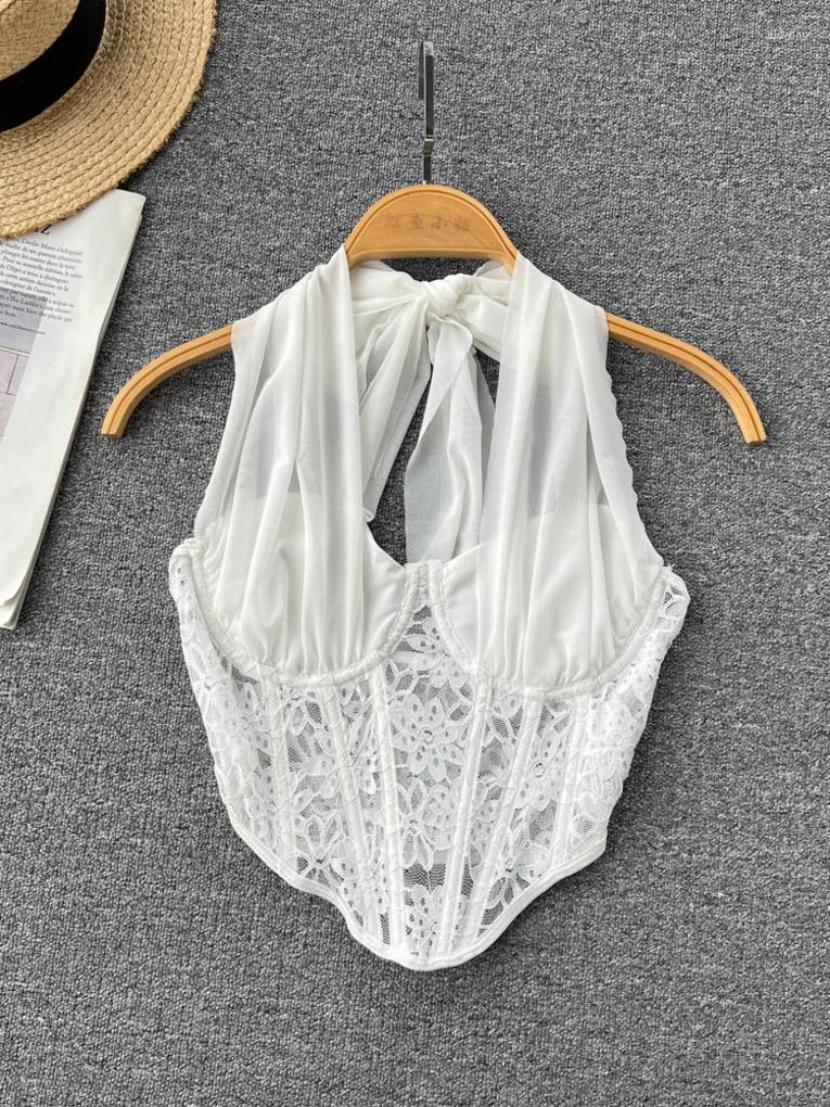

Women's Tanks Foamlina Women White Crop Top Sexy Mesh Lace-up Halter Collar Sleeveless Backless Hollow Out Floral Lace 2023 Summer Clothes