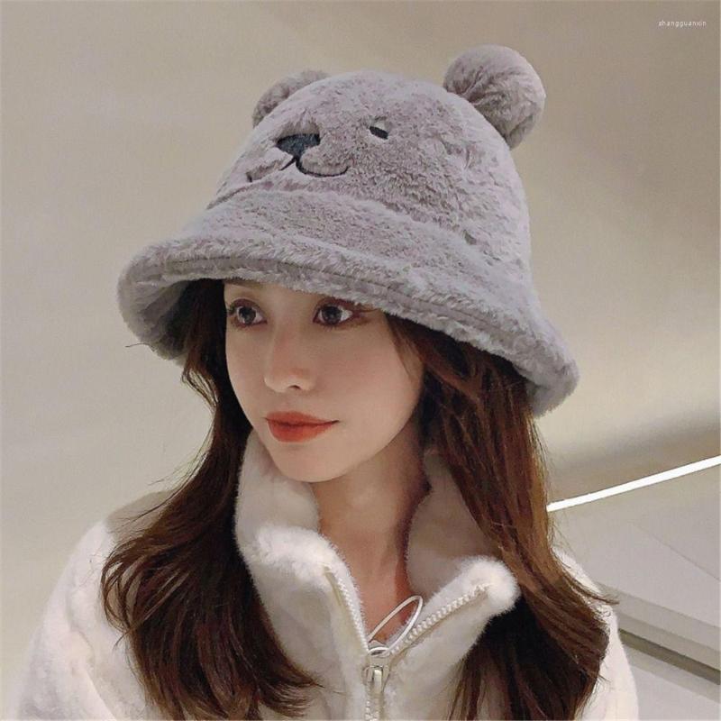 

Berets Fashion Autumn Winter Bucket Hat Women Cute Bear Ears Fisherman Soft Warm Plush Thick Basin Outdoor Cold Proof Cap, Pink