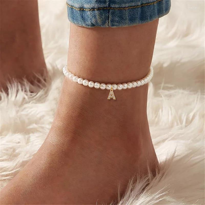 

Anklets Classic Initial Letter Anklet Women Handmade Vintage 6mm Imitation Pearl Bead For Jewelry Gift