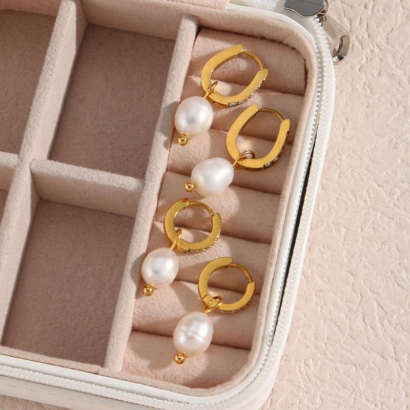 

Hoop Earrings Statement Pearl Pendant Zircon Circle For Women Waterproof Stainless Steel Jewelry