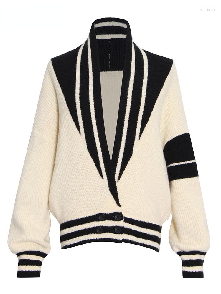 

Women' Jackets Patchwork Striped Knitting Cardigan For Women V Neck Long Sleeve Hit Color Loose Sweaters Female 2023 Clothing, Beige