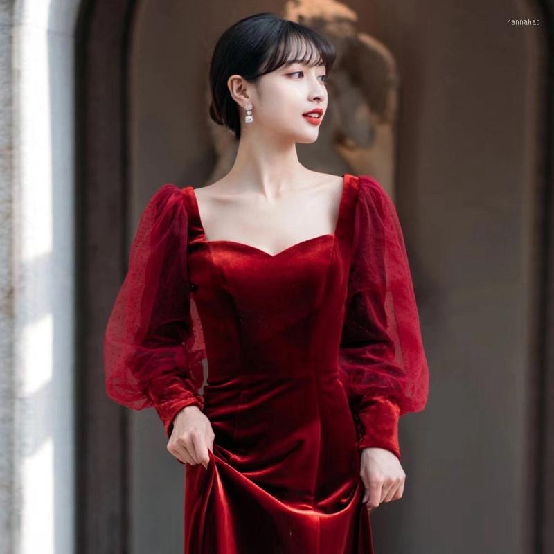 

Ethnic Clothing Toast Dress Bride's Long Sleeves Autumn And Winter Temperament Thin High-end Burgundy Engagement Wedding Evening
