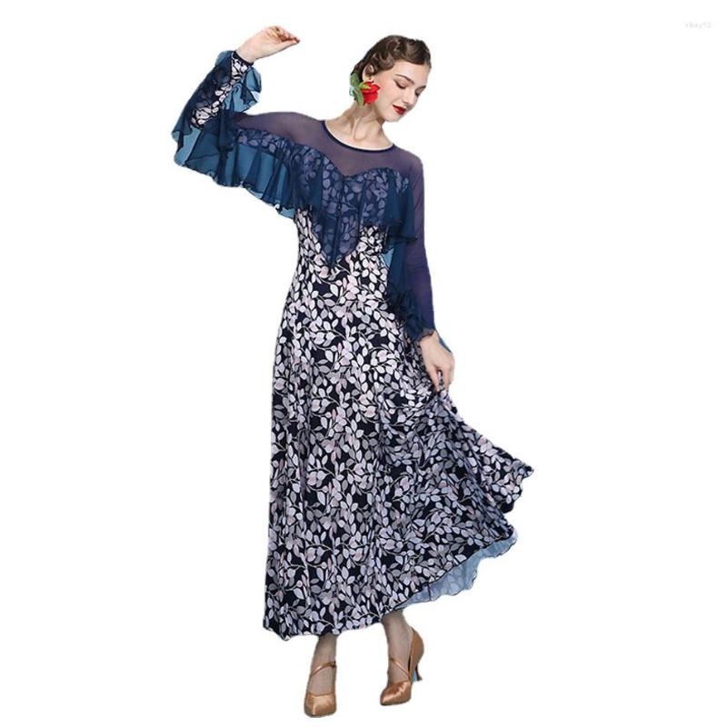 

Stage Wear Flowy Lotus Sleeves Fitted Women Ballroom Dance Dress Waltz Costumes Rumba For Dancing Practice Ball, Blue