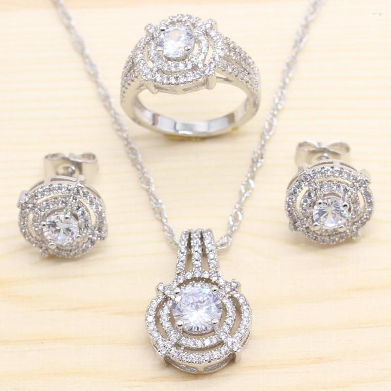 

Necklace Earrings Set White Cubic Zirconia Women Wedding&Bridal Stud Round Pendant Rings Party Jewelry, Picture shown