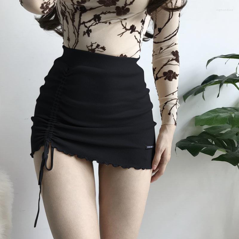 

Skirts Women's Knitted Skirt Solid Color Patchwork Letter Pattern Side Drawstring Wrapped Hip High Waist Mini