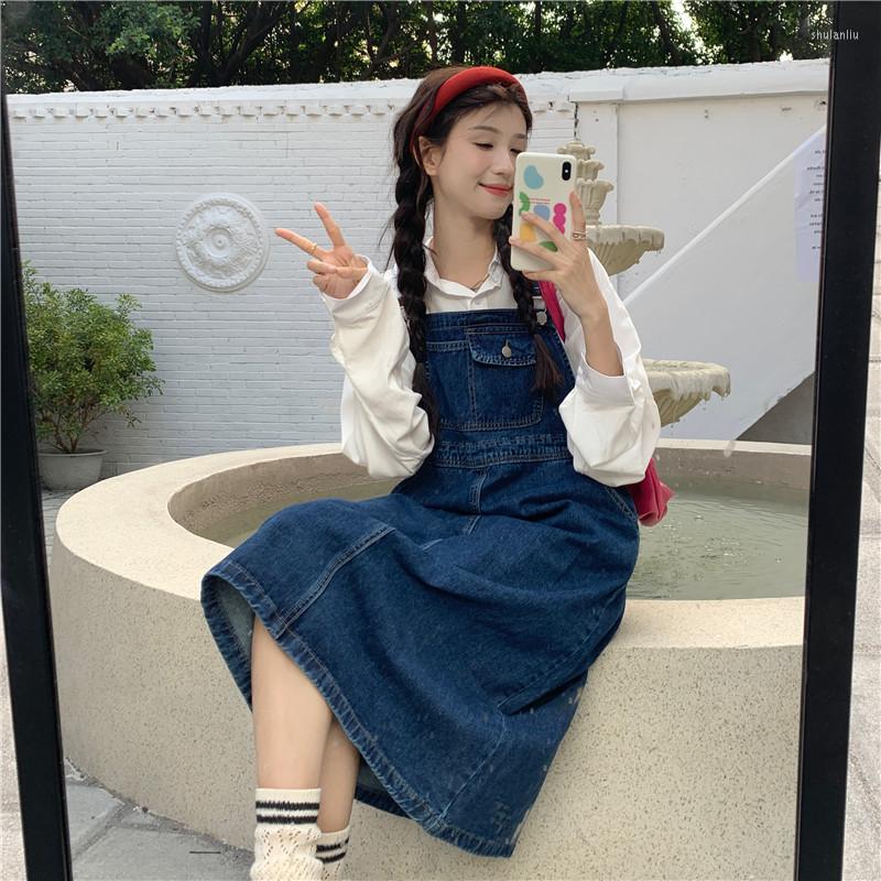 

Casual Dresses Denim Dress Set Women' Spring And Summer Fashion Niche Lapel Loose Shirt Long Strap Two-piece, Blue