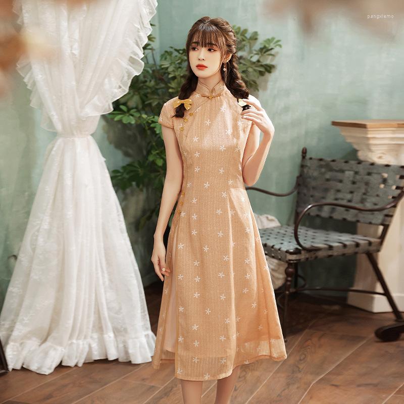 

Ethnic Clothing Size M-3XL Chinese Style Orange Short Sleeve Cheongsam Modern Female Elegant Traditional Qipao