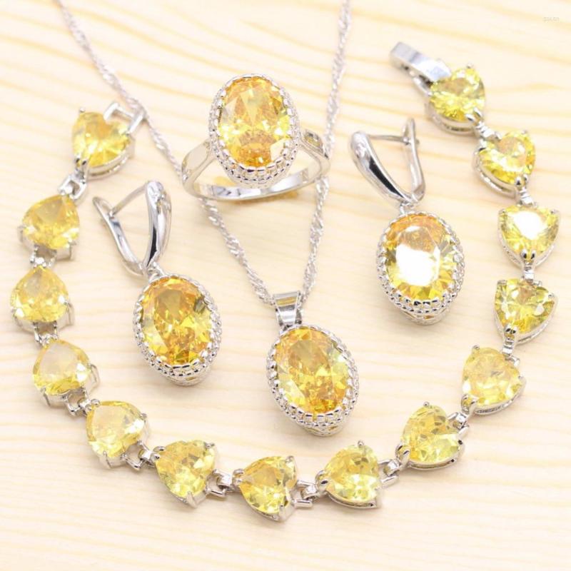 

Necklace Earrings Set Women 925 Sterling Silver Yellow Zirconia Drop Lovely Pendant Ring Bracelets Jewelry Gift Box, Picture shown
