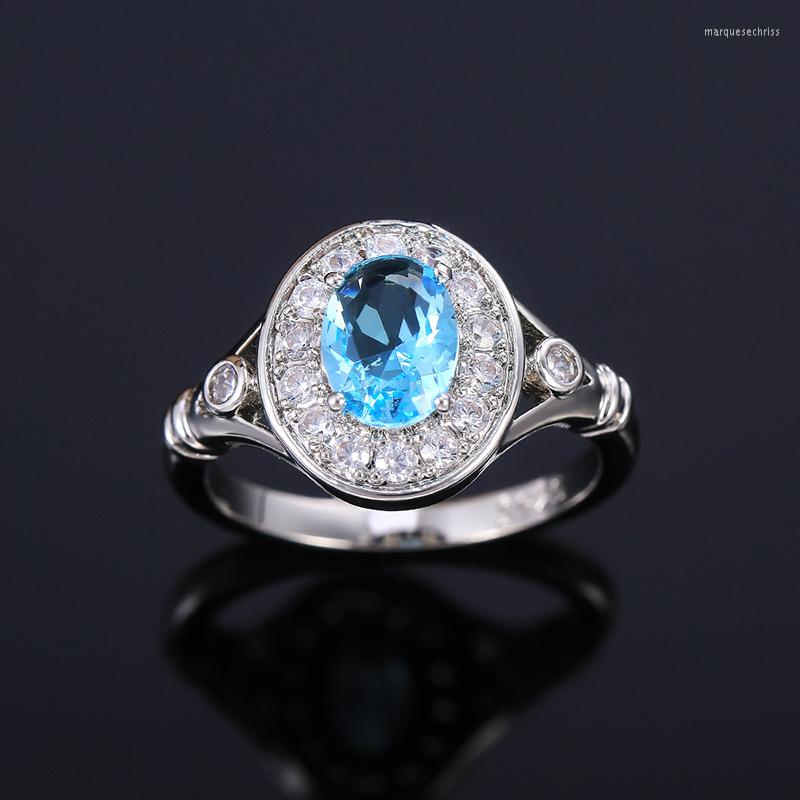 

Wedding Rings Elegant Silver Plated Ring Sky Blue Shiny Oval CZ Stone For Women Romantic Lover's Engagement Gift Fashion Jewelry