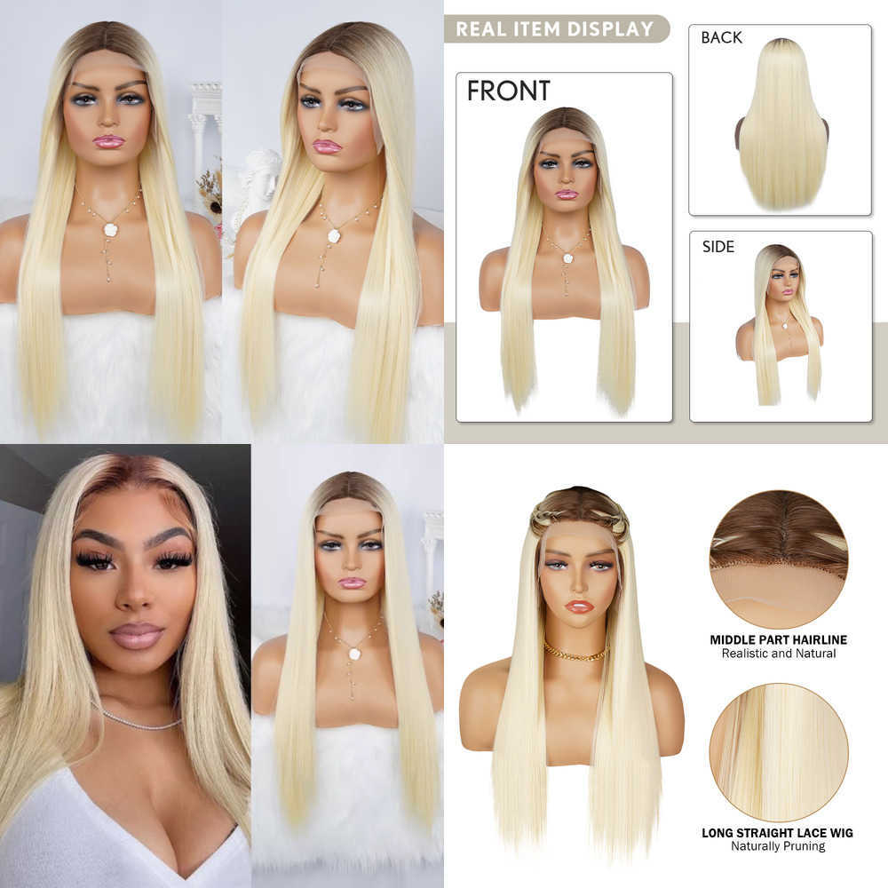 

Lace Wigs 613 Long Straight Blonde Brown Roots Halloween Synthetic for Women Glueless Ombre Heat Resistant Fiber 221216, Ombre color