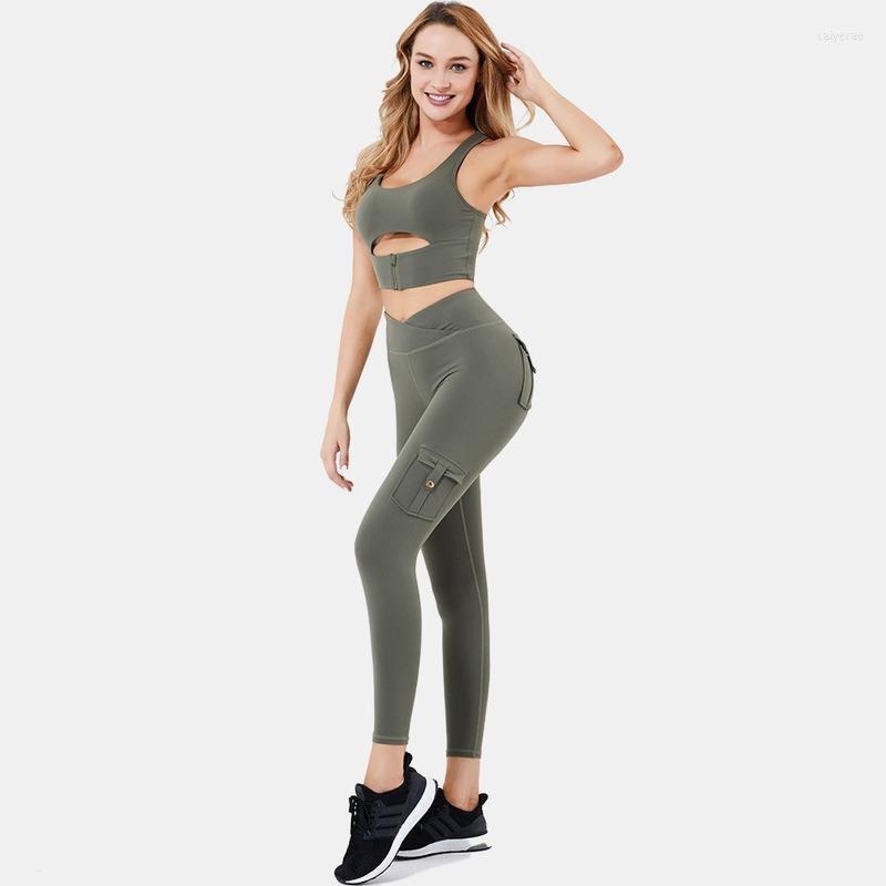 

Active Sets Women Seamless Yoga Set Fitness Clothing Hip Pockets High Waist Gym Leggings Tooling Sports Bra Running Sportswear Track Suit, Black
