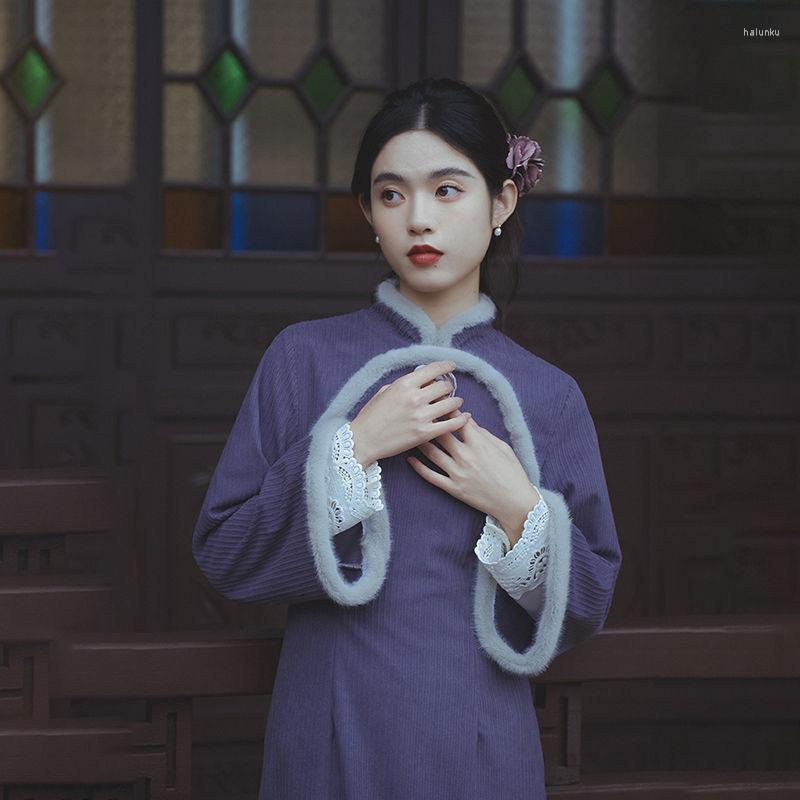 

Ethnic Clothing Purple Lantern Sleeve Long Elegant Dress Women Cheongsam Winter Velvet Thickened Corduroy Modern Chinese Style Girl Qipao