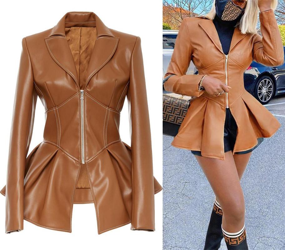 

Women' Jackets Women' Autumn Jacket 2023 Turn-Down Collar Full Sleeves High Waist Zippers Short PU Leather Coat Faux Corset, Black