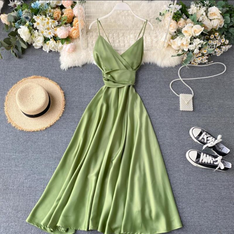 

Casual Dresses Women V-neck Summer Dress 2023 Sleeveless Sexy Backless Slim Bandage Party Spaghetti Strap Elegant A-line Midi, Dark green