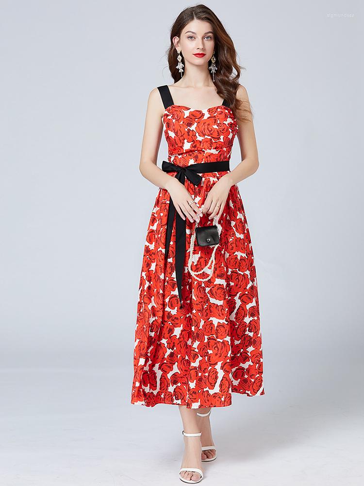 

Casual Dresses Floral Retro Midi Dress Sleeveless Backless Spaghetti Straps Beach Long Vintage Bohemian White Red Rose Women