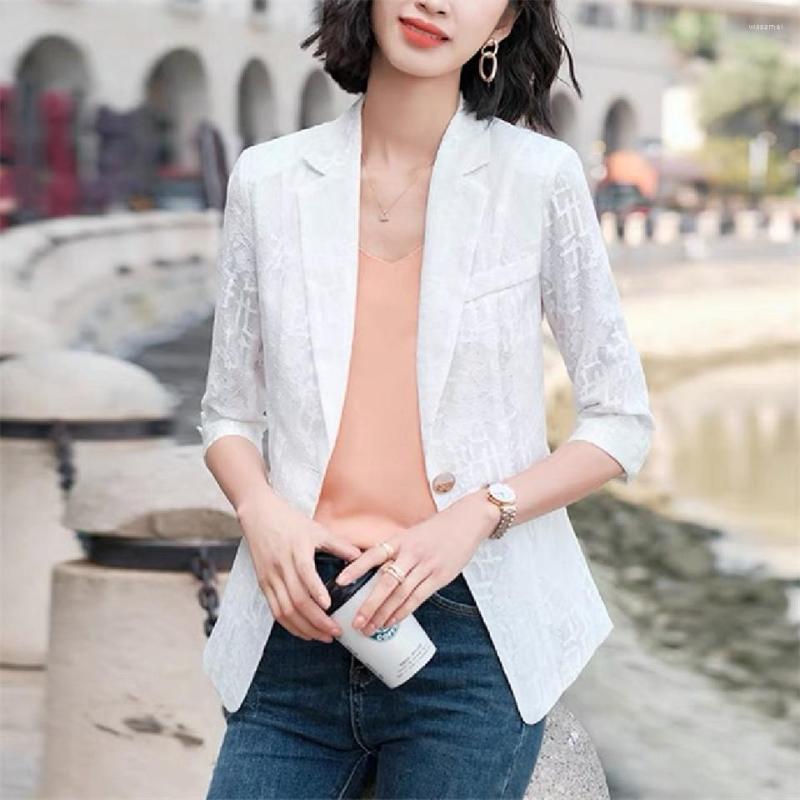 

Women's Suits Summer White Short Lace Hollow Out Women Blazers Jacket Female Spring Fashion Slim Casual Thin Office Business Coat Blazer, Black