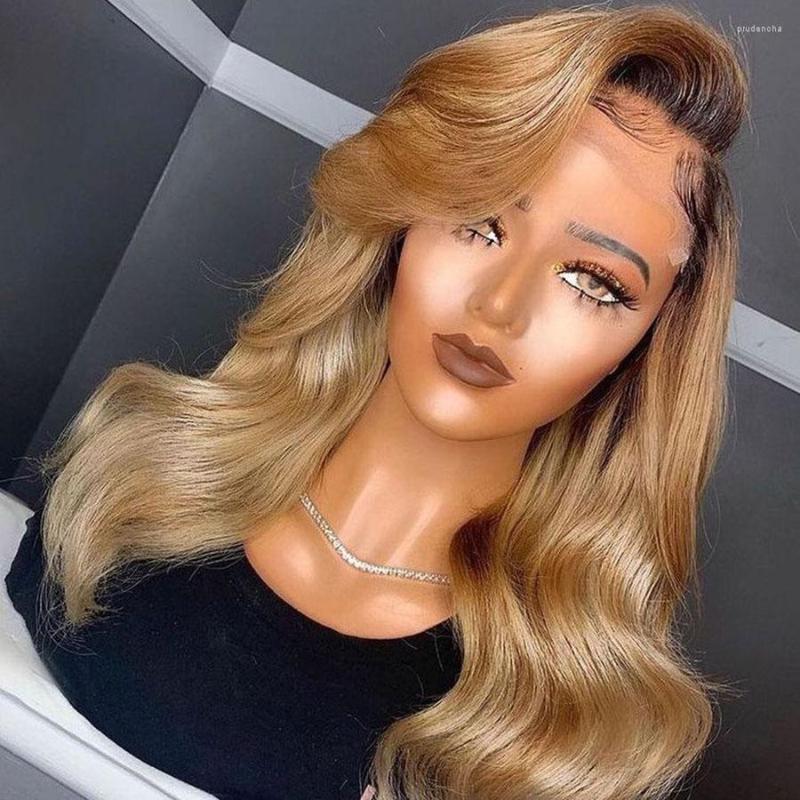 

27# Honey Blonde 13x4 Full Lace Front Human Hair Wig 180%Transparent Ombre Body Wave Pre Plucked For Women, 13x6x2 t part wig