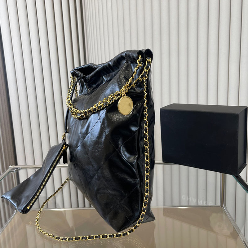 

Channel 22 Bag Grand Shopping Tote Travel Designer Woman Sling Body Most Expensive Handbag with Gold Chain Gabrielle QuiltedE, Black+silver chain & letters