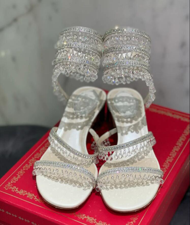

Chandelier rene Bride sandal sandals lady block low heels Renes-C Women dress shoes jewel sandals Chandeliers strap embellished genuine leather white luxury design, #01