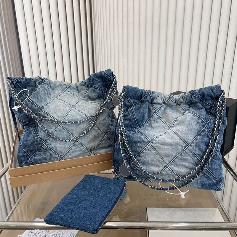 

Channel 22 Denim Grand Shopping Bag Tote Travel Designer Woman Sling Body Bag Most Expensive Handbag with Silver Chain Gabrielle Quilted, Blue denim fabric