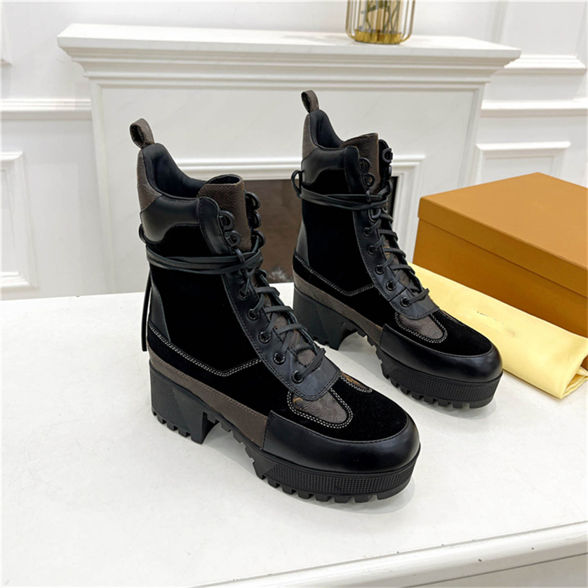 

Women Designer Laureate Platform Desert Boots Suede Calf Leather and Patent Canvas Back Loop Treaded Rubber Outsole Martin Winter Sneakers Size 35-41