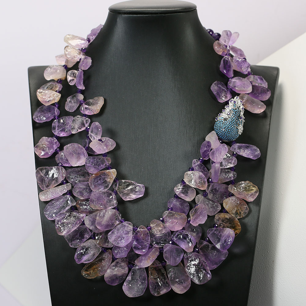 GuaiGuai Jewelry Natural Ametrine Rough Round Faceted Purple Amethyst Necklace Crystal CZ Pave Connector Pendant Handmade For Women-image-737022133