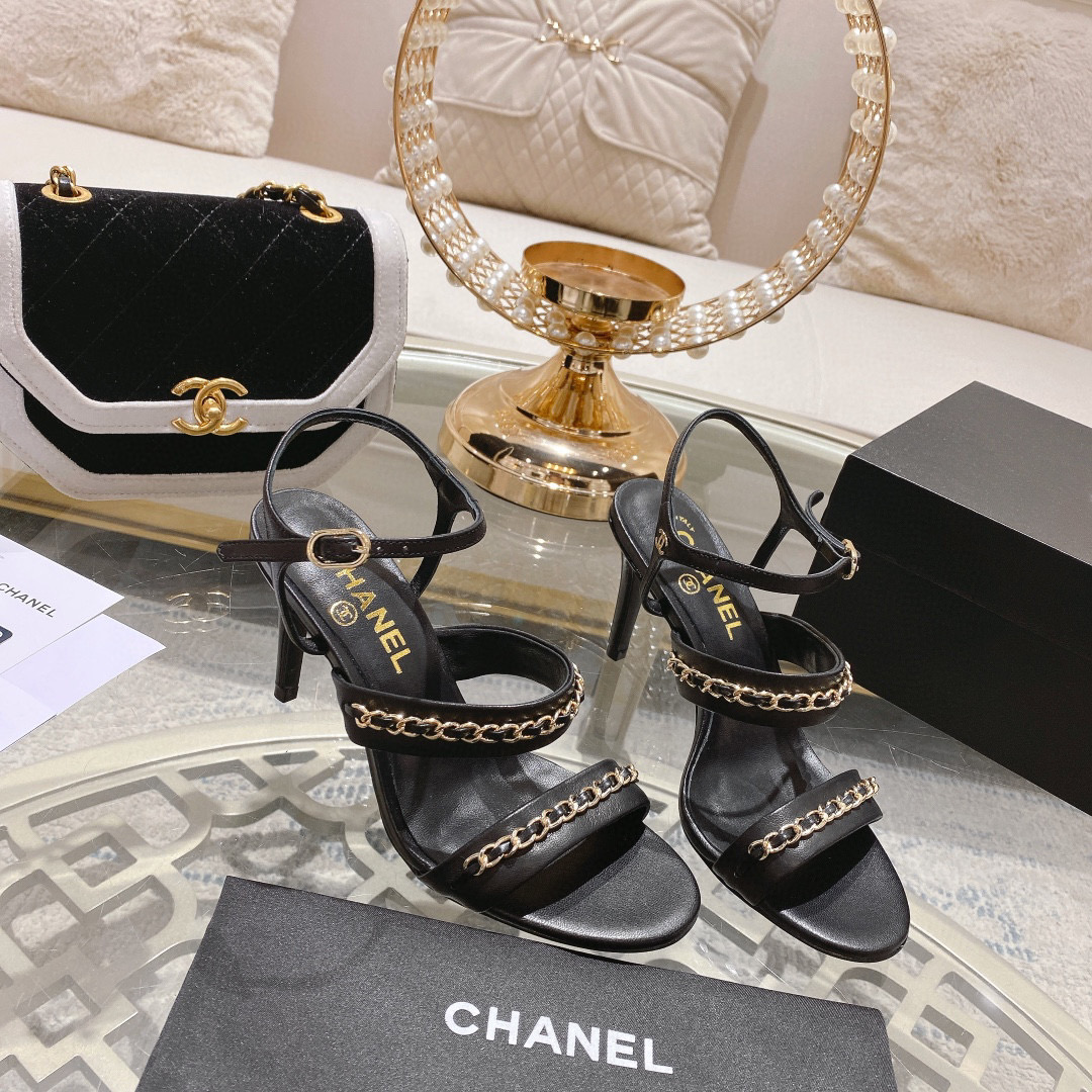2023 Cha-nel Dupe Sandale Chaussure À Talon Haut Deux Ligne De Chaîne Style De Mode 7.5cm Chaussures FH8824