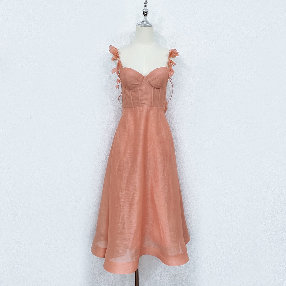 

Casual Dresses 2023 Australian designer designs early spring holiday three-dimensional flower silk hemp sling dress, Orange