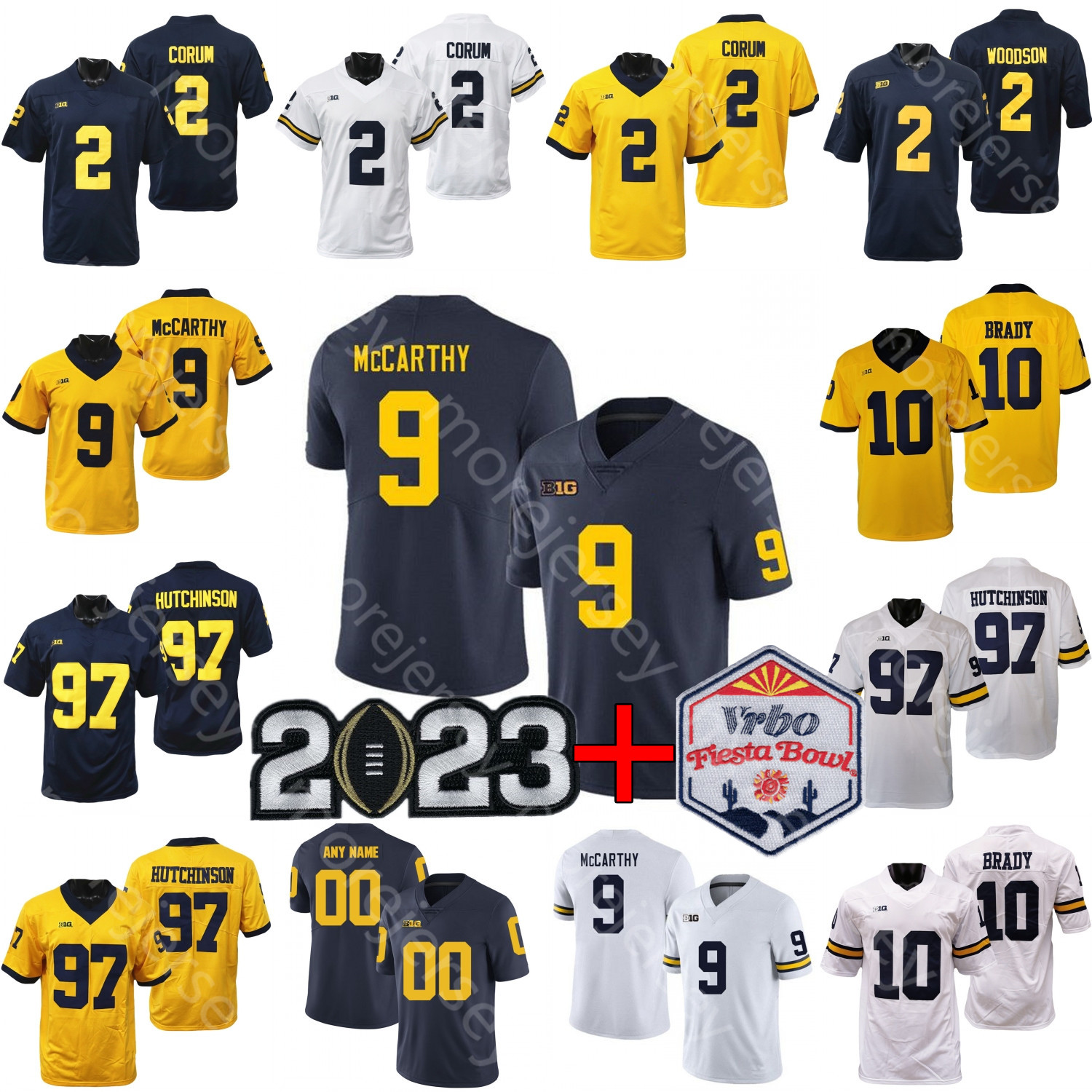 

2023 Playoff Fiesta Bowl Michigan Football Jersey NCAA College Aidan Hutchinson Tom Brady Charles Woodson McNamara Blake Corum J.J. McCarthy Edwards, Yellow with 2 patches