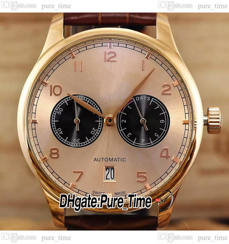 

42mm Portugieser 500124 Mens Watch 7 Days Power Reserve Gold Dial Black Inner Rose Gold Case Brown Leather Strap Date New Watches PureTime PTIW B002E1, B002c (4)