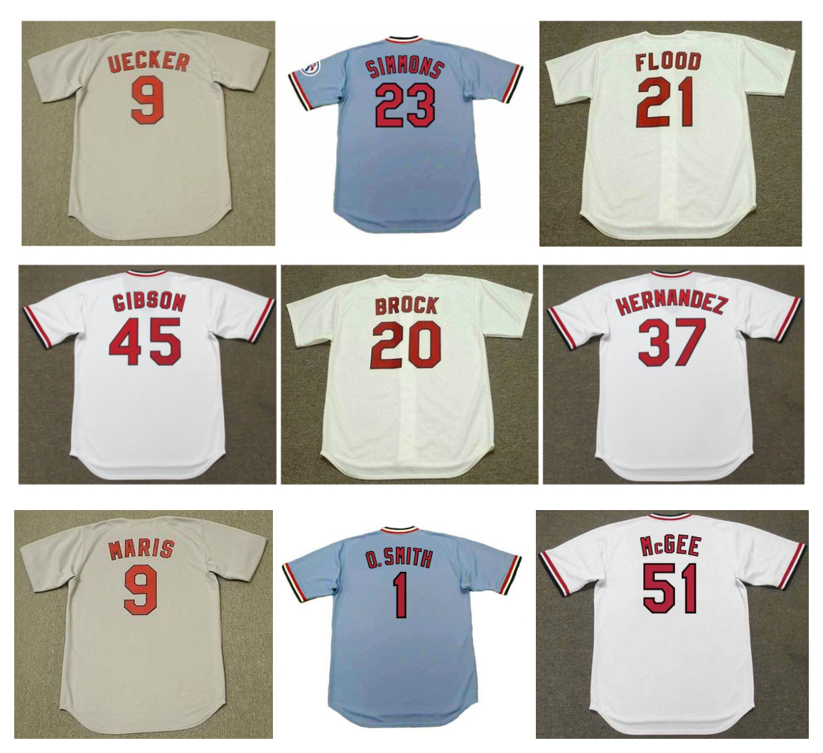 

Throwback BOB GIBSON Cardinal Baseball Jersey St. BOB UECKER CURT FLOOD DAL MAXVILL GARRY TEMPLETON KEITH HERNANDEZ MCGWIRE OZZIE SMITH LANKFORD ROGER MARIS McGEE, As pic