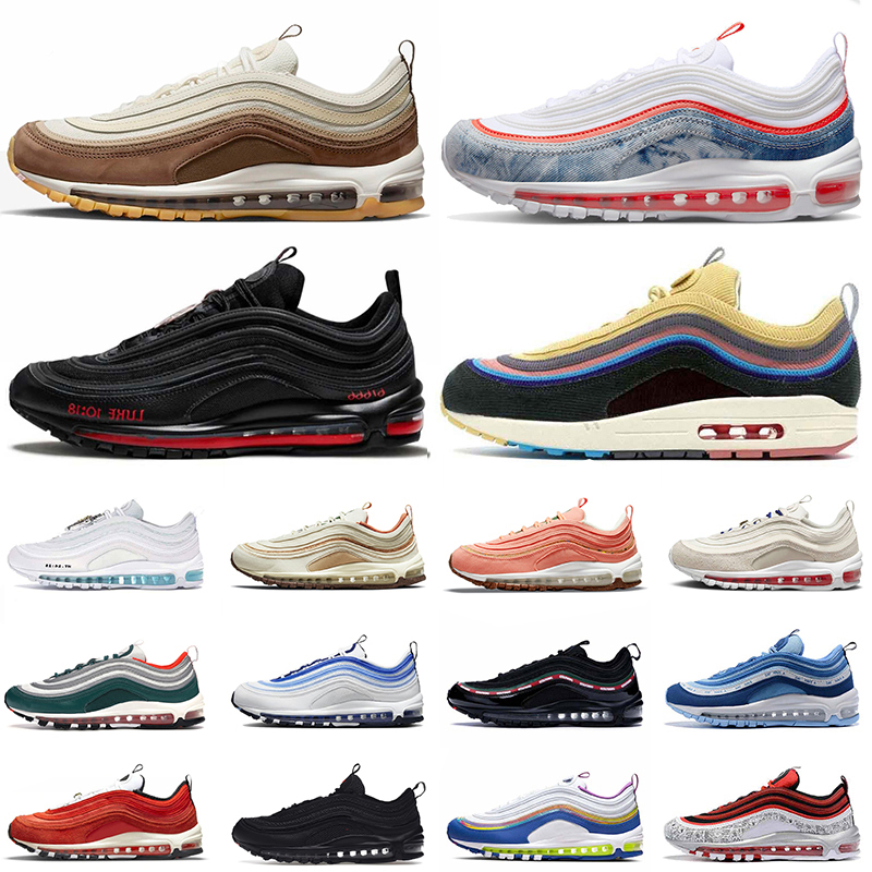 

satan 2022 cushion 97s running shoes for womens mens Big Size 12 Washed Denim Max Medium Brown 97 Sean Wotherspoon MSCHF x INRI Jesus sports trainers sneakers 46, D6 36-45 have a day purple
