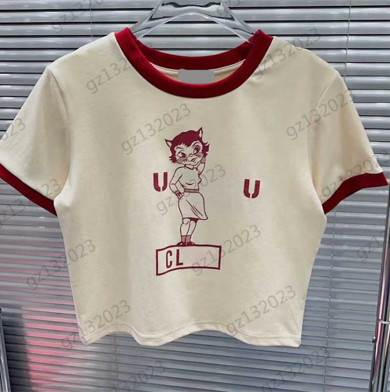 

Tops Womens Designer Clothing T-shirts Miui Cartoon Cat Girl Print Short Bare Waist T-shirt Contrasting Colors Edges Short Sleeve Top T-shirts For Women Cotton 1970