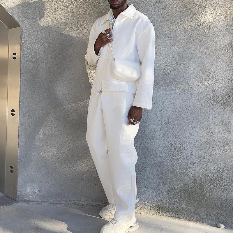 

Men' Tracksuits Full Fashion Solid Men Suit Casual Long Sleeve Lapel Zipper Coat And Zip Wide Leg Trousers Loose Two-piece Sets, 01 white
