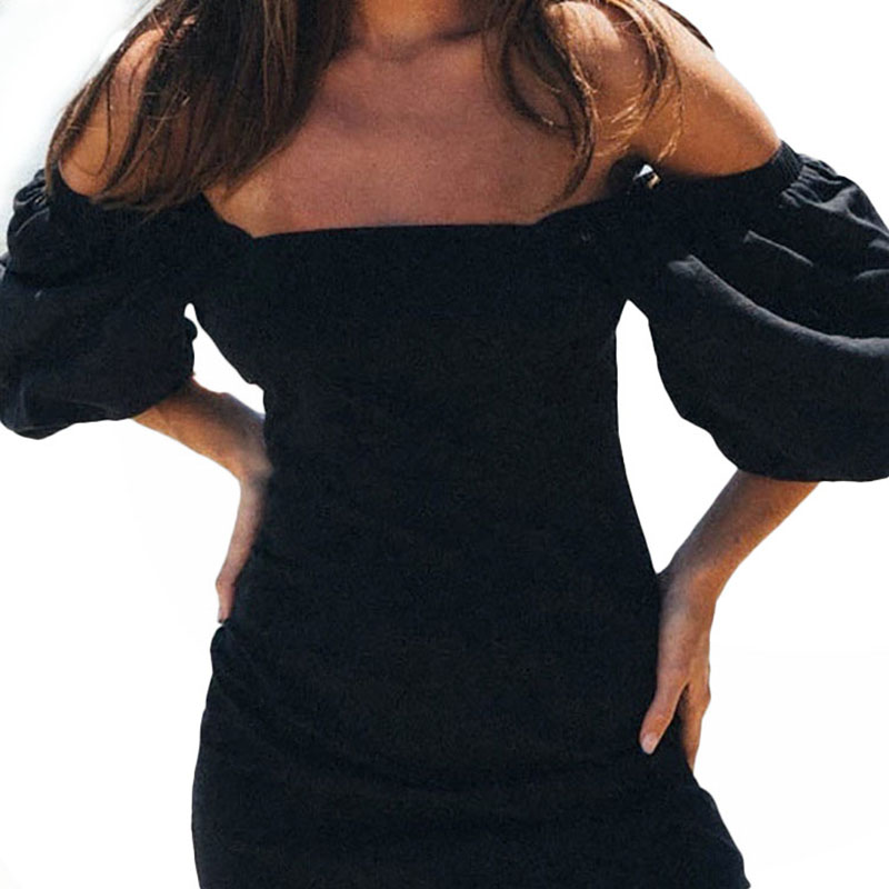 

Linen Blend Little Black A-Line Mini Dress Casual Zipper Back Basic Style Pure Color Almond with Elastic Square Neck Half Puff Sleeves