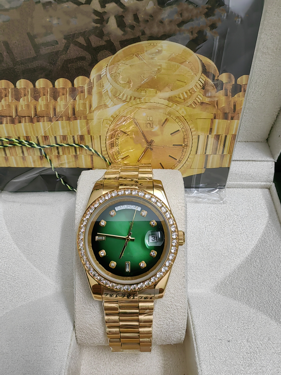 

Original box certificate 18k Gold President Male Watches Day Date Diamonds Green dial Watch Men Stainless Diamond Bezel Automatic WristWatch 281365, Style 15
