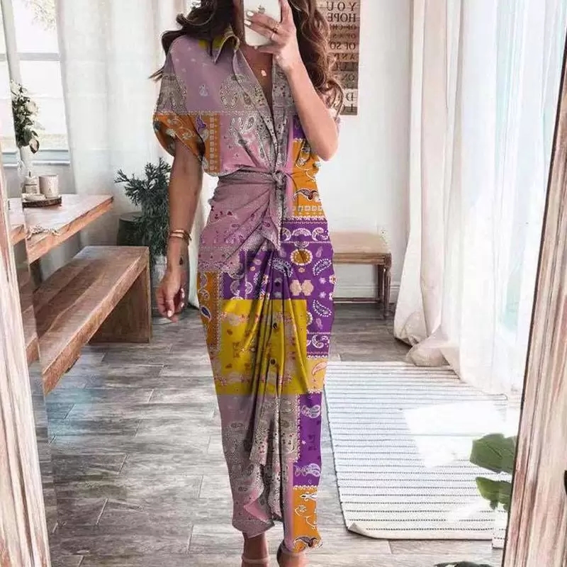 

2023 New Fashion Casual Dresses Women Summer Elegant Button Ruched Bandage Shirt Dress Fashion Short Sleeve Solid V Neck Beach Maxi, 14