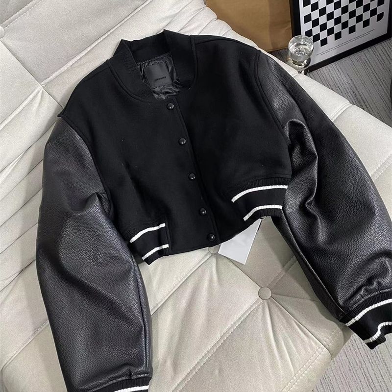 

Women s Jackets Autumn And Winter Jacket Leather Sleeve Splicing Button Bomber Fashion Letter Embroidery Print Coat cc 1154 0139 221231, Black