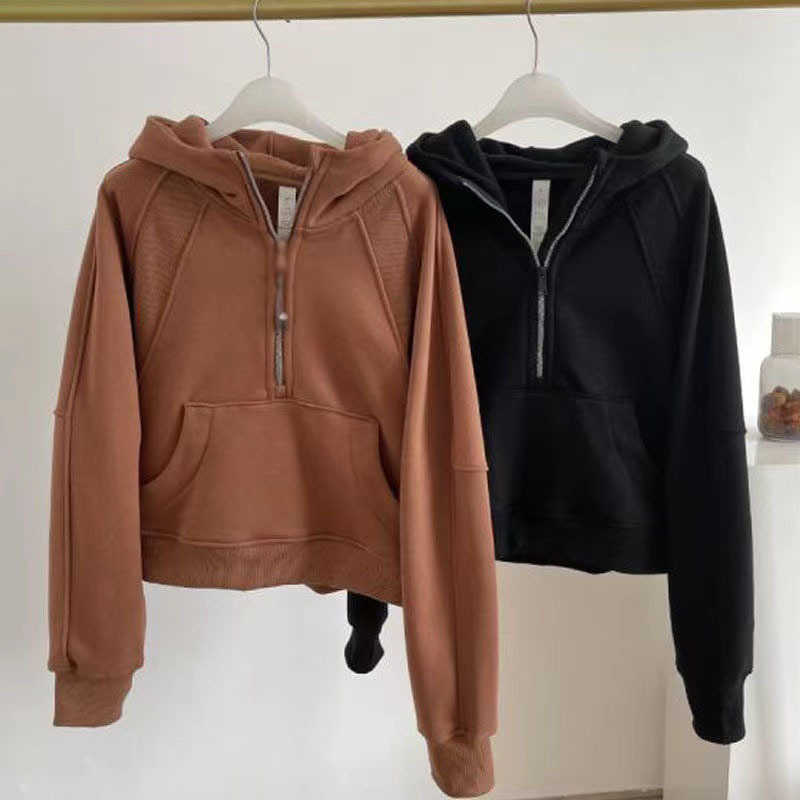 

Designer Half Zipper Hoodie Same Style Winter Scuba Pullover Pulled Thickened Lululemens Women Hoodies Hooded Embroidery Sweater Loose Fit Hoody, White band label
