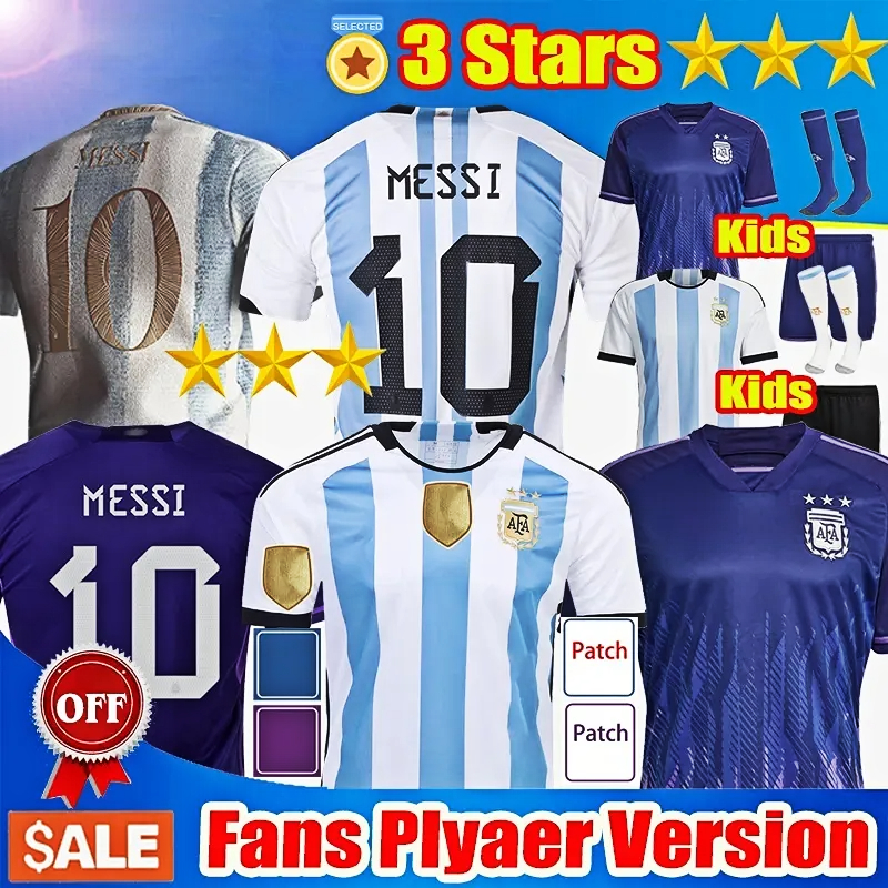

3 Star Argentina Soccer Jersey Player Fans Version 22 23 Football Shirts 2022 MESSIS MARTINEZ DI MARIA J.ALVAREZ DE PAUL National Team Men WOMEN Kids kit uniforms Socks, Fans 3 star home+patch+2022