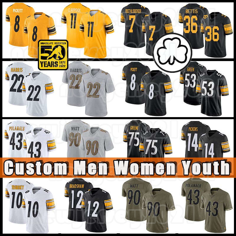 

22 Najee Harris 90 T.J. Watt Football Jerseys Kenny Pickett William Jackson III Pat Freiermuth Minkah Fitzpatrick Pittsburgh Steelers Myles Jack Ben Roethlisberger, Custom men 50patch(g r)
