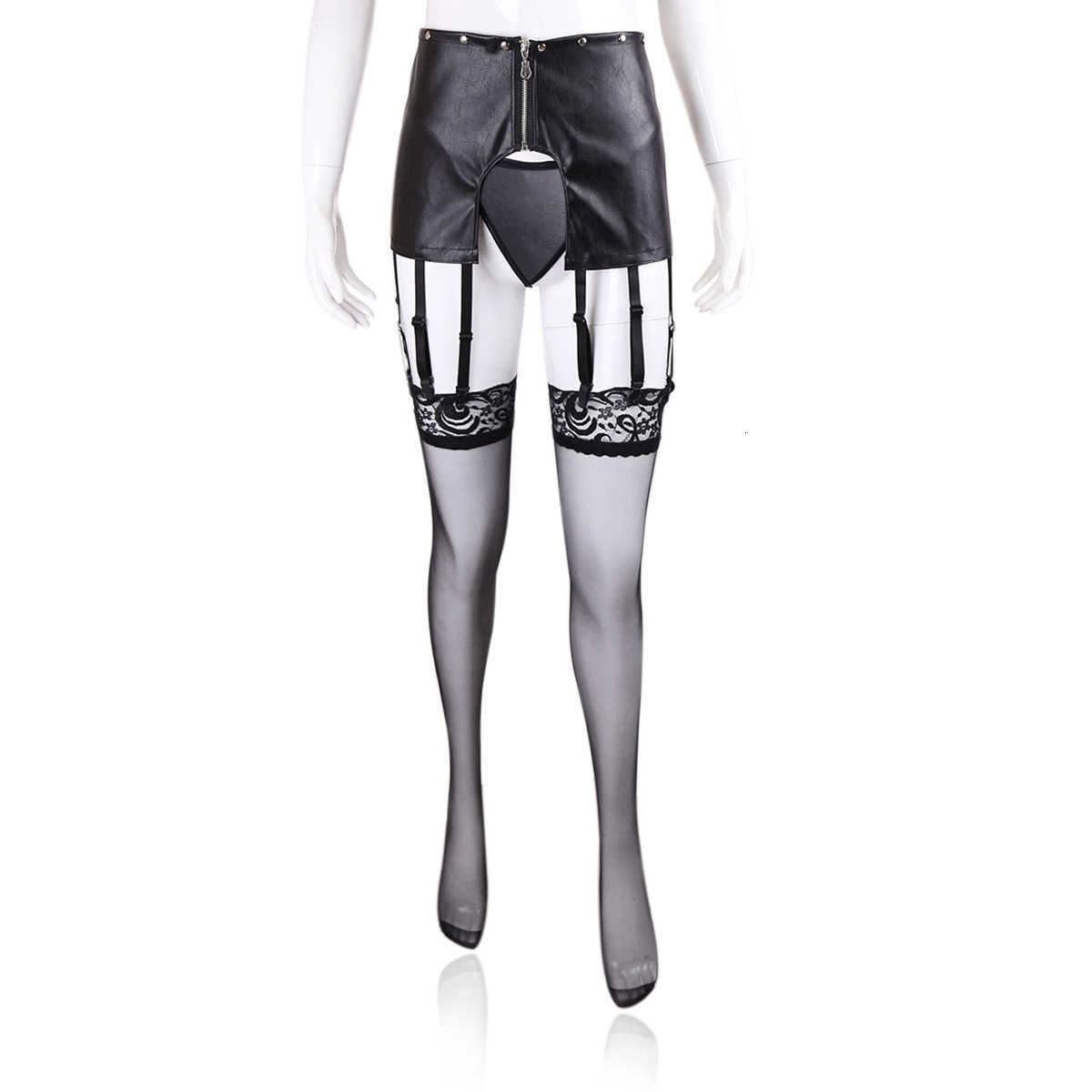 Sex Toy Chastity Lingerie sexy pour femme en cuir verni jupe courte coupe ouverte avec crochet chaussette tentation de performance en boîte de nu