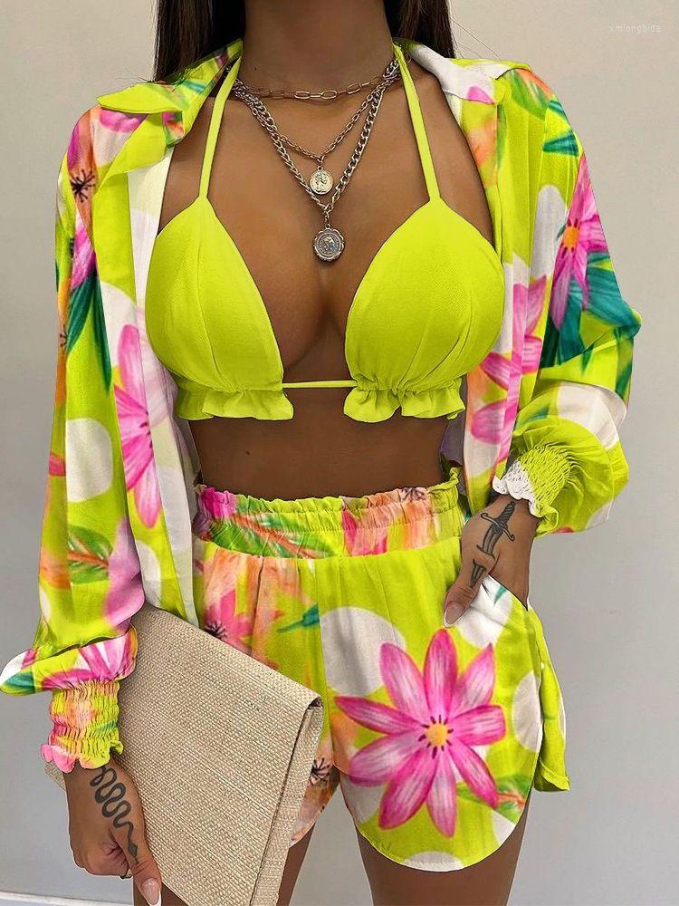 Women's Tracksuits 3 Piece Sets Women 2023 Summer Fall Long Sleeve Lapel Shirts Halter Bra Crop Top Short Pants Bohemian Casual Sexy Shorts