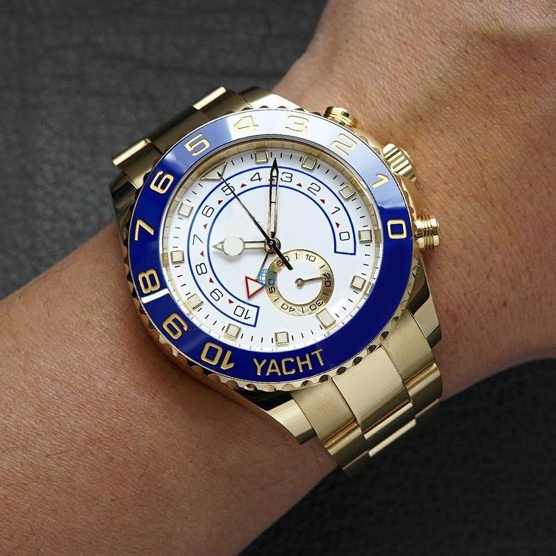 Luxury men's watch yacht round dial 44mm fold buckle 904L stainless steel ceramic word ring blue crystal glass anti reflective automatic mac