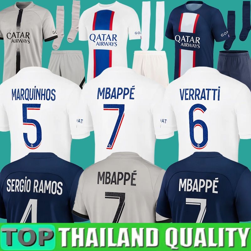 

22/23 PSGs MBAPPE soccer jersey 2022 PLAYER #30 SERGIO RAMOS MARQUINHOS VERRATTI KIMPEMBE Maillots de football shirt ICARDI DI MARIA DRAXLER kids kit uniforms, 18/19 away aldult