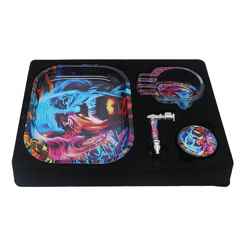 

Smoking hand pipe set vintage cartoon style with Tinplate rolling tray tobacco grinder and ashtray glass pipe gifted box