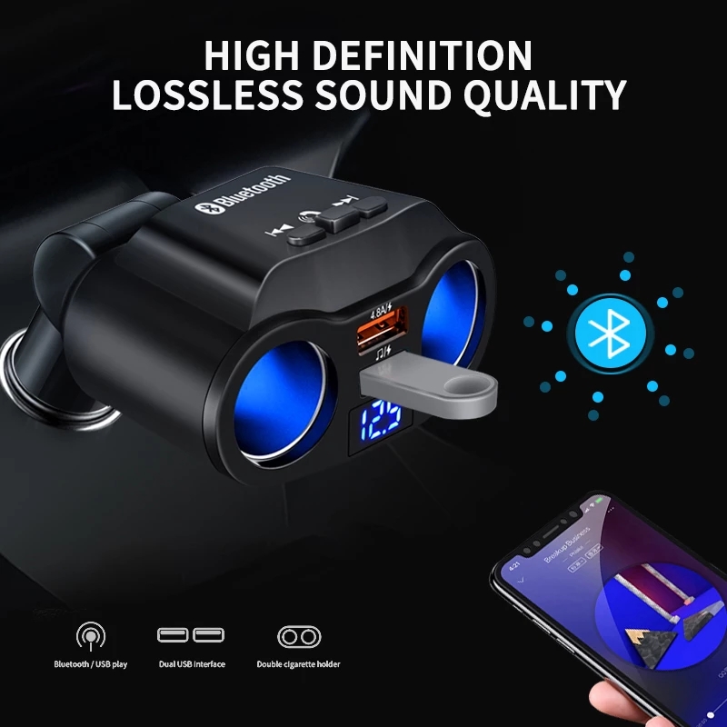 

Car Cigarette Lighter Charger FM Transmitter Audio Phone Charge Bluetooth 5.0 Auto Kits Handsfree MP3 Music Player 2 USB 12V-24V