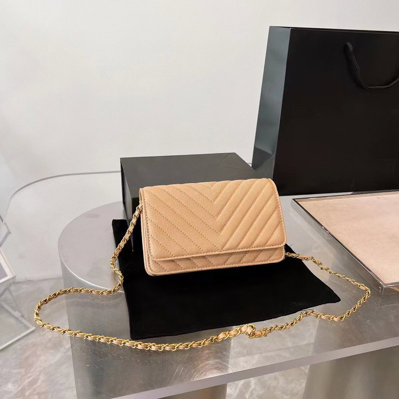 

designer shoulder bag classic plaid flap CF caviar handbag gold silver chain leather double letter solid color buckle square stripe lady messenger bag, Beige