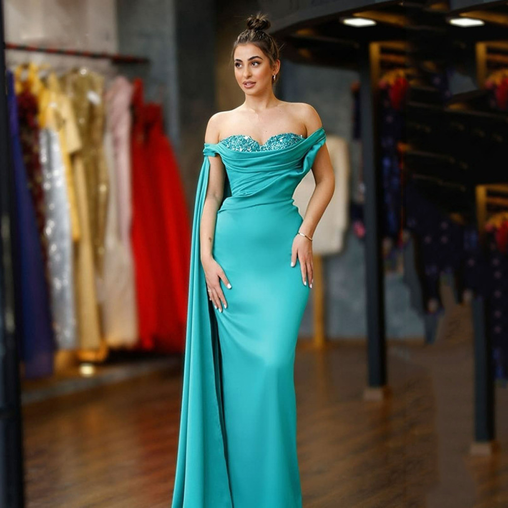 Superbe perles chérie robes de soirée hors de l'épaule gaine robe de bal plis Satin longueur de plancher vestidos de novia